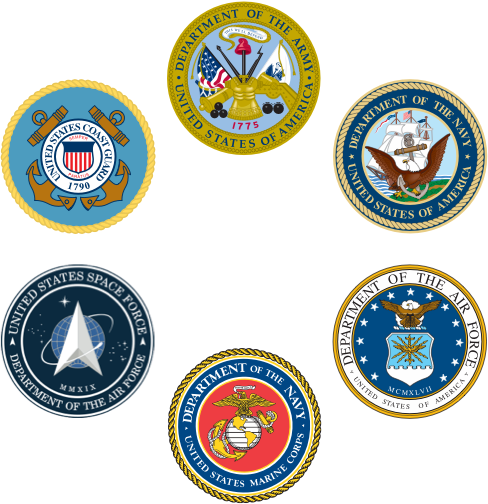 Official seals of the U.S. Army, Marine Corps, Navy, Air Force, Space Force, and Coast Guard